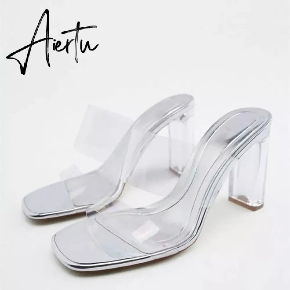 Women Summer Heeled Slippers with Chain  Sexy Rhinestones Slingback Sandals Female Fashion Beach Shoes Aiertu