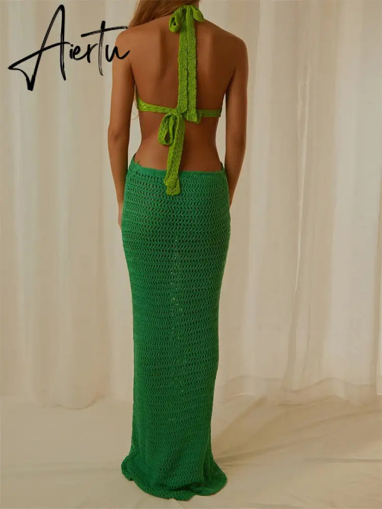 Women Summer Long Beach Dress Party Vacation Hollow Out Sleeveless Deep V Halter Neck Knit Crochet Dress Backless Dress Aiertu
