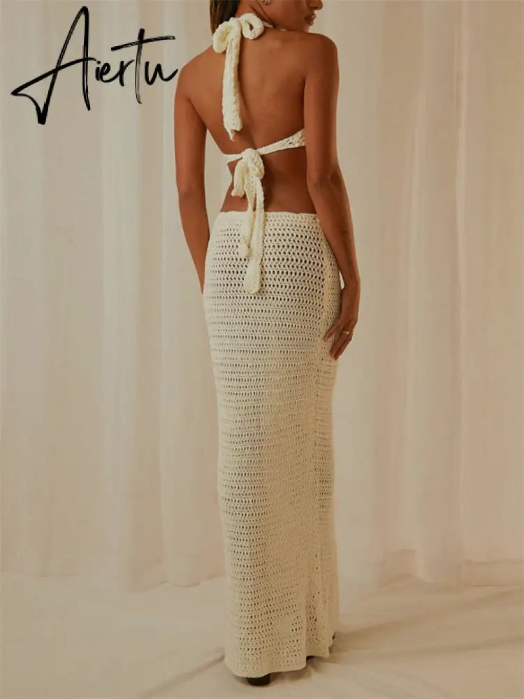 Women Summer Long Beach Dress Party Vacation Hollow Out Sleeveless Deep V Halter Neck Knit Crochet Dress Backless Dress Aiertu