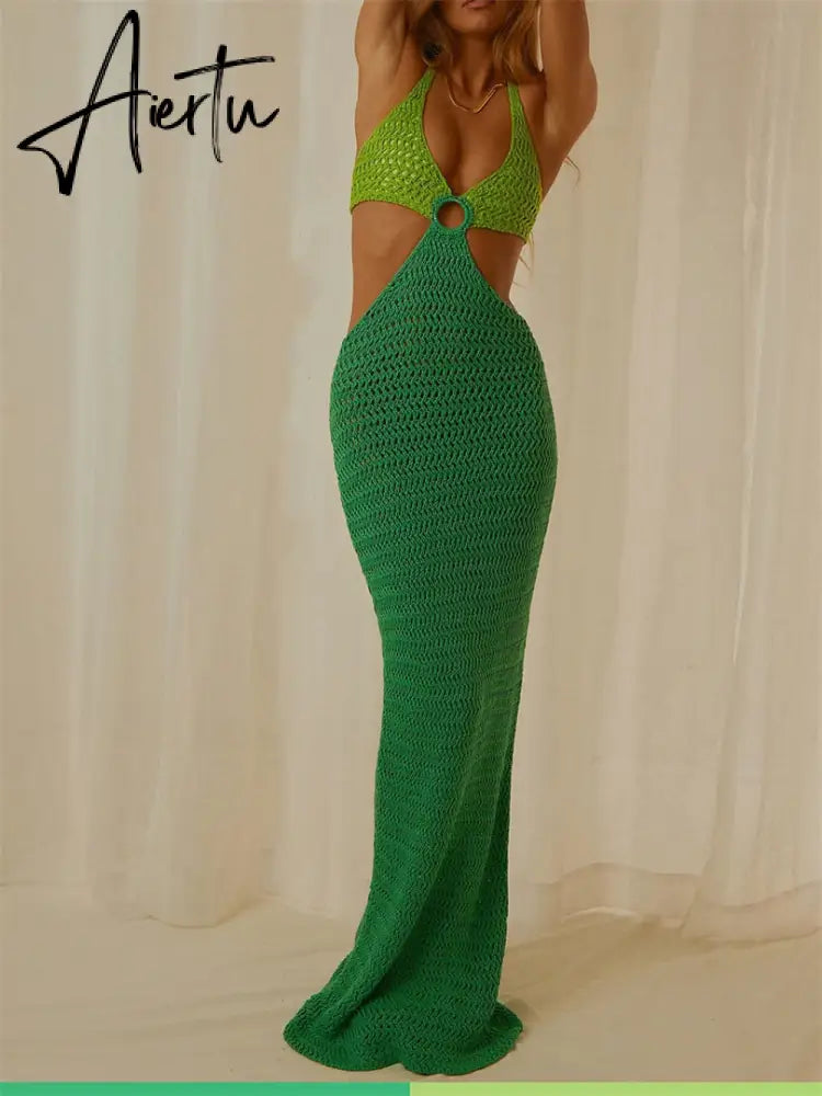 Women Summer Long Beach Dress Party Vacation Hollow Out Sleeveless Deep V Halter Neck Knit Crochet Dress Backless Dress Aiertu