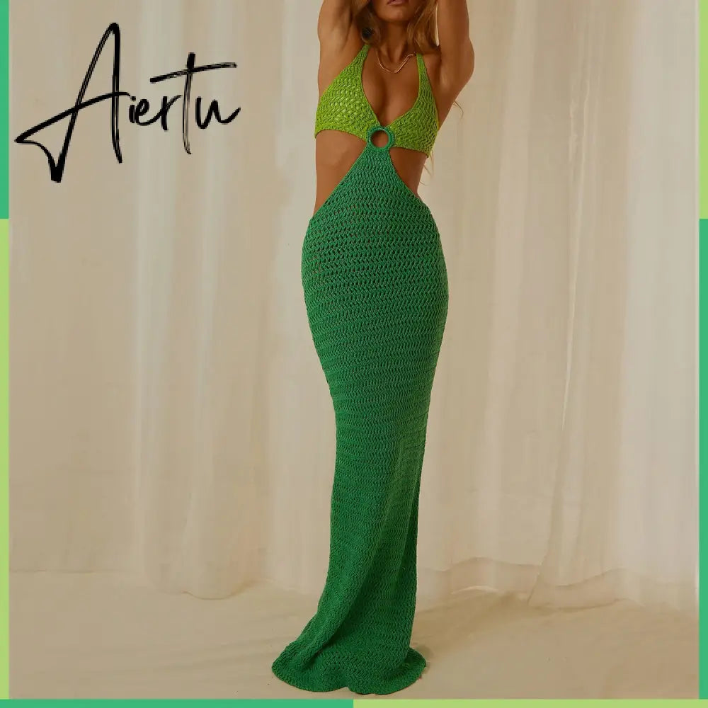 Women Summer Long Beach Dress Party Vacation Hollow Out Sleeveless Deep V Halter Neck Knit Crochet Dress Backless Dress Aiertu