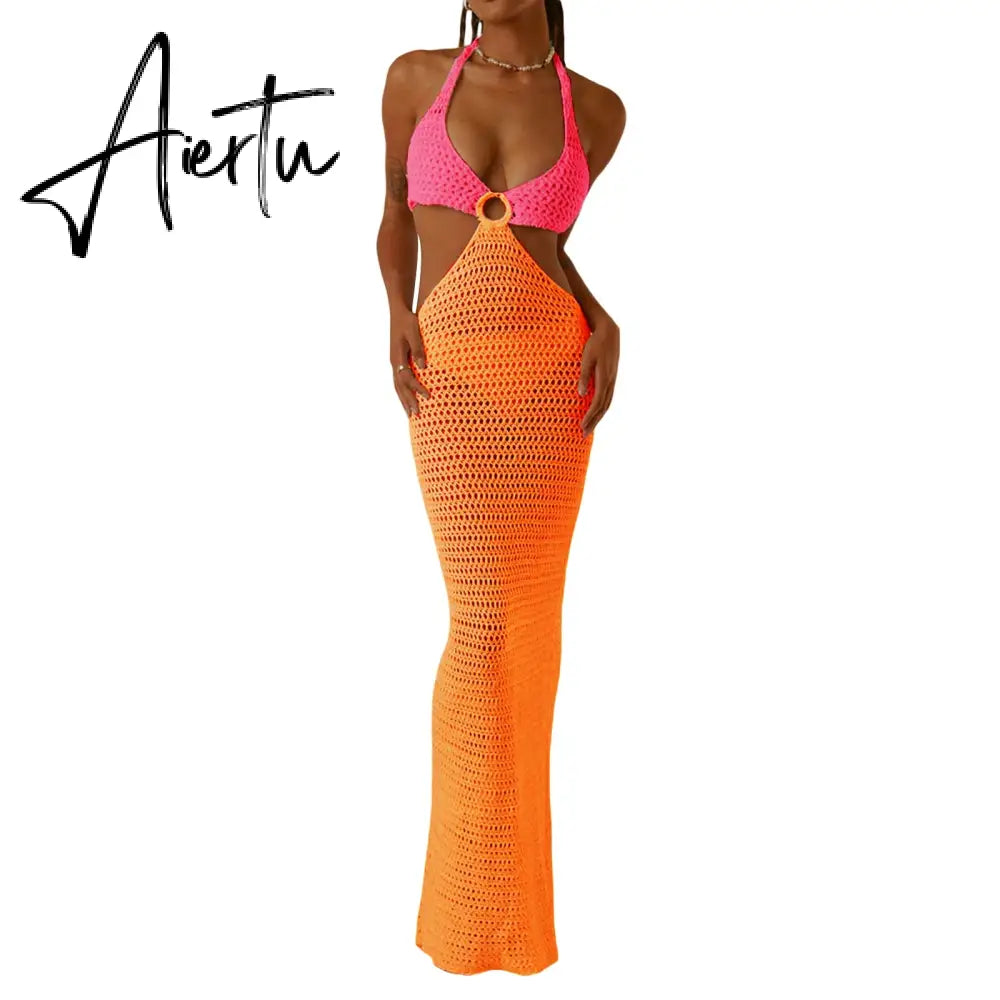 Women Summer Long Beach Dress Party Vacation Hollow Out Sleeveless Deep V Halter Neck Knit Crochet Dress Backless Dress Aiertu