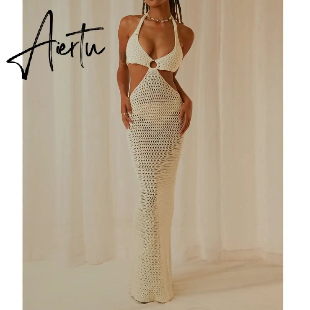Women Summer Long Beach Dress Party Vacation Hollow Out Sleeveless Deep V Halter Neck Knit Crochet Dress Backless Dress Aiertu