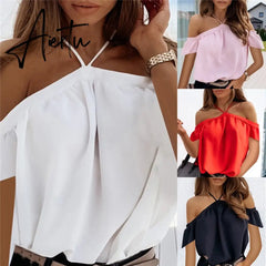 Women Summer Off Shoulder Halter Blouse Shirts Sexy Backless Solid Color Tops Ladies Elegant Short Sleeve Shirt Blusas 2XL Aiertu