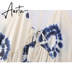 Women Summer Printed Halter Backless Dress Elegant Deep Neck Camisole Loose Long Dresses New Female Casual Beach Aiertu
