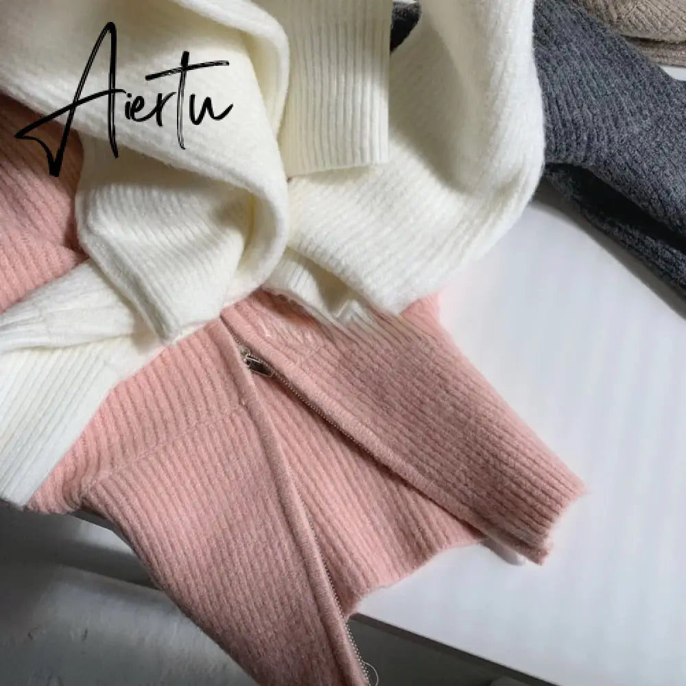 Women Sweater Oversize Zipper Knitted Pullover Long Sleeve Solid Color Loose Ladies Sweaters Autumn Winter Women's Turtleneck Aiertu