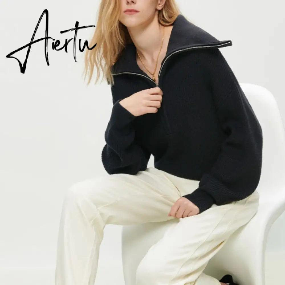 Women Sweater Oversize Zipper Knitted Pullover Long Sleeve Solid Color Loose Ladies Sweaters Autumn Winter Women's Turtleneck Aiertu