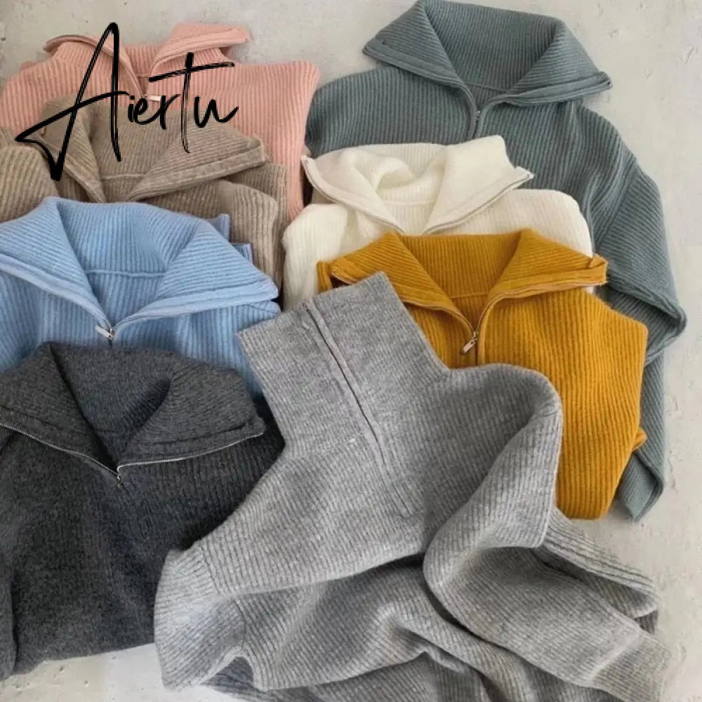 Women Sweater Oversize Zipper Knitted Pullover Long Sleeve Solid Color Loose Ladies Sweaters Autumn Winter Women's Turtleneck Aiertu