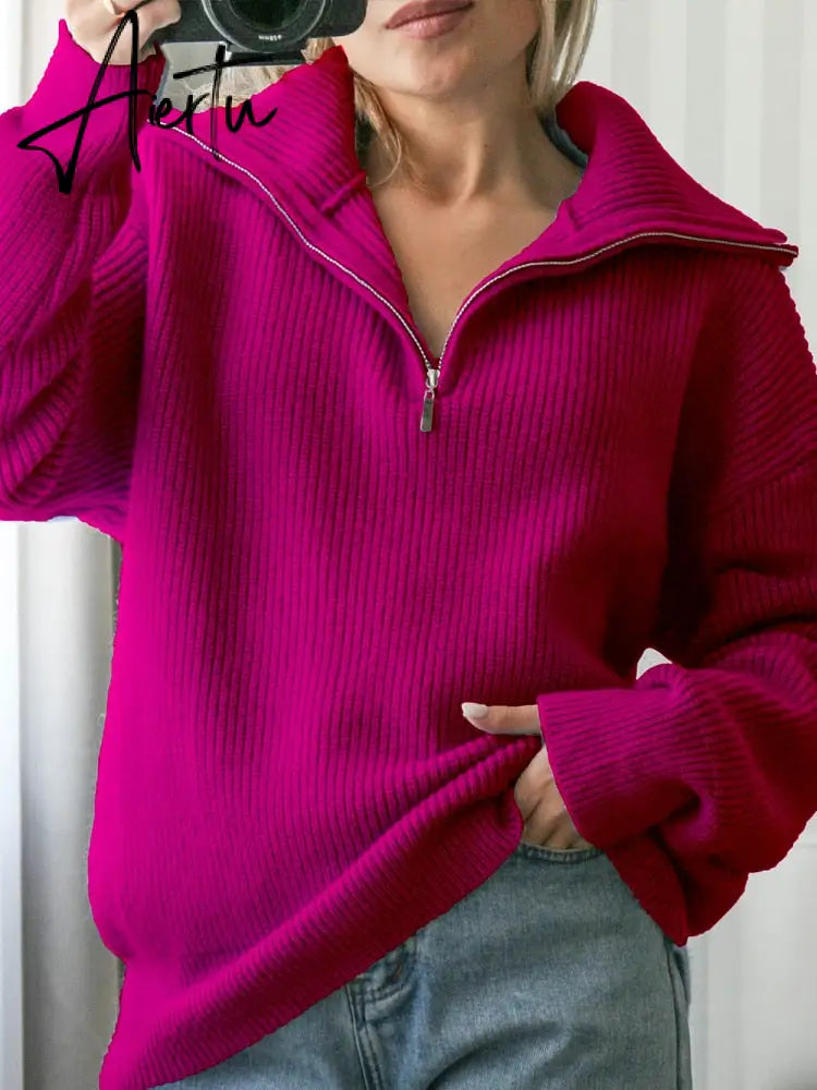 Women Sweater Oversize Zipper Knitted Pullover Long Sleeve Solid Color Loose Ladies Sweaters Autumn Winter Women's Turtleneck Aiertu