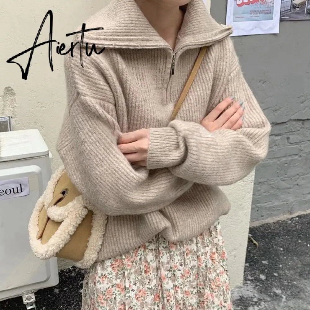 Women Sweater Oversize Zipper Knitted Pullover Long Sleeve Solid Color Loose Ladies Sweaters Autumn Winter Women's Turtleneck Aiertu