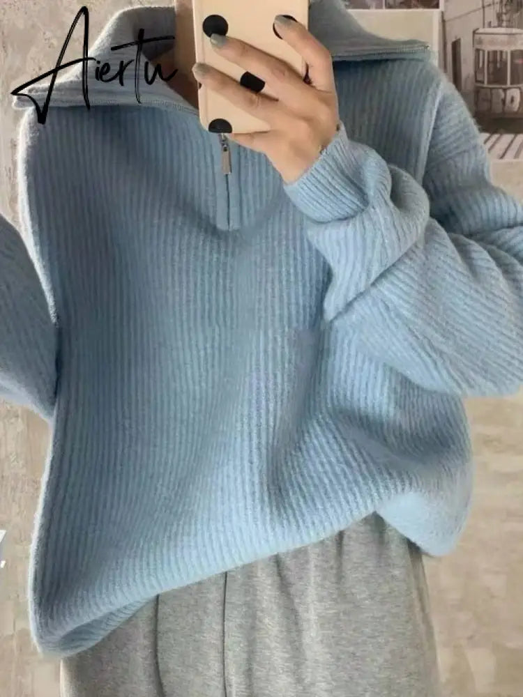 Women Sweater Oversize Zipper Knitted Pullover Long Sleeve Solid Color Loose Ladies Sweaters Autumn Winter Women's Turtleneck Aiertu
