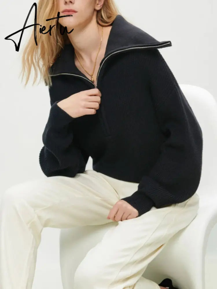 Women Sweater Oversize Zipper Knitted Pullover Long Sleeve Solid Color Loose Ladies Sweaters Autumn Winter Women's Turtleneck Aiertu
