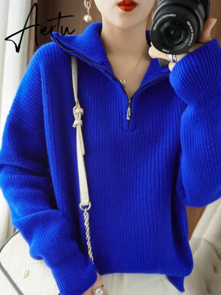 Women Sweater Oversize Zipper Knitted Pullover Long Sleeve Solid Color Loose Ladies Sweaters Autumn Winter Women's Turtleneck Aiertu