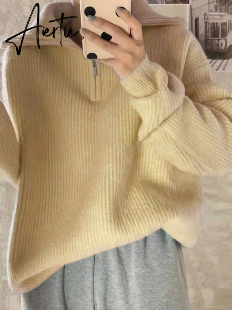 Women Sweater Oversize Zipper Knitted Pullover Long Sleeve Solid Color Loose Ladies Sweaters Autumn Winter Women's Turtleneck Aiertu