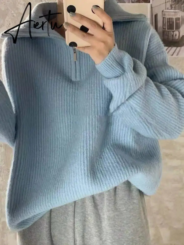 Women Sweater Oversize Zipper Knitted Pullover Long Sleeve Solid Color Loose Ladies Sweaters Autumn Winter Women's Turtleneck Aiertu