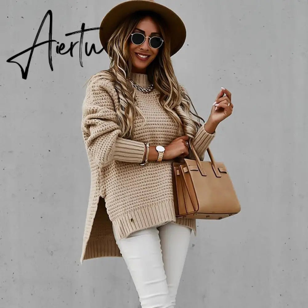 Women Sweaters Autumn Winter Mock Neck Batwing Sleeve Coarse Kint Pullovers Tops Female Casual O-Neck Side Split Long Sweater Aiertu