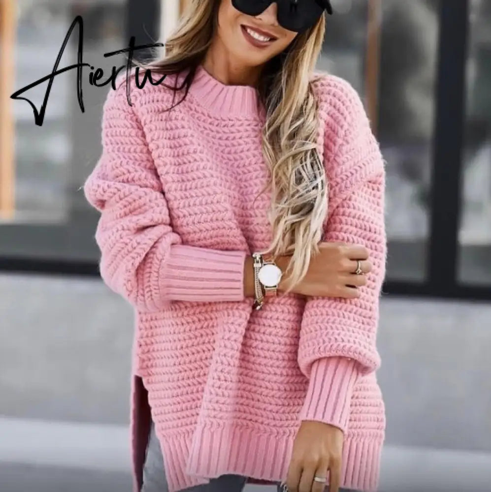 Women Sweaters Autumn Winter Mock Neck Batwing Sleeve Coarse Kint Pullovers Tops Female Casual O-Neck Side Split Long Sweater Aiertu