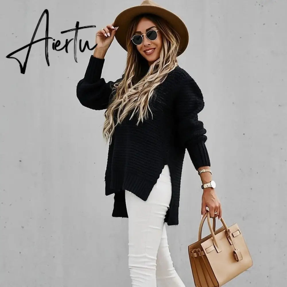 Women Sweaters Autumn Winter Mock Neck Batwing Sleeve Coarse Kint Pullovers Tops Female Casual O-Neck Side Split Long Sweater Aiertu