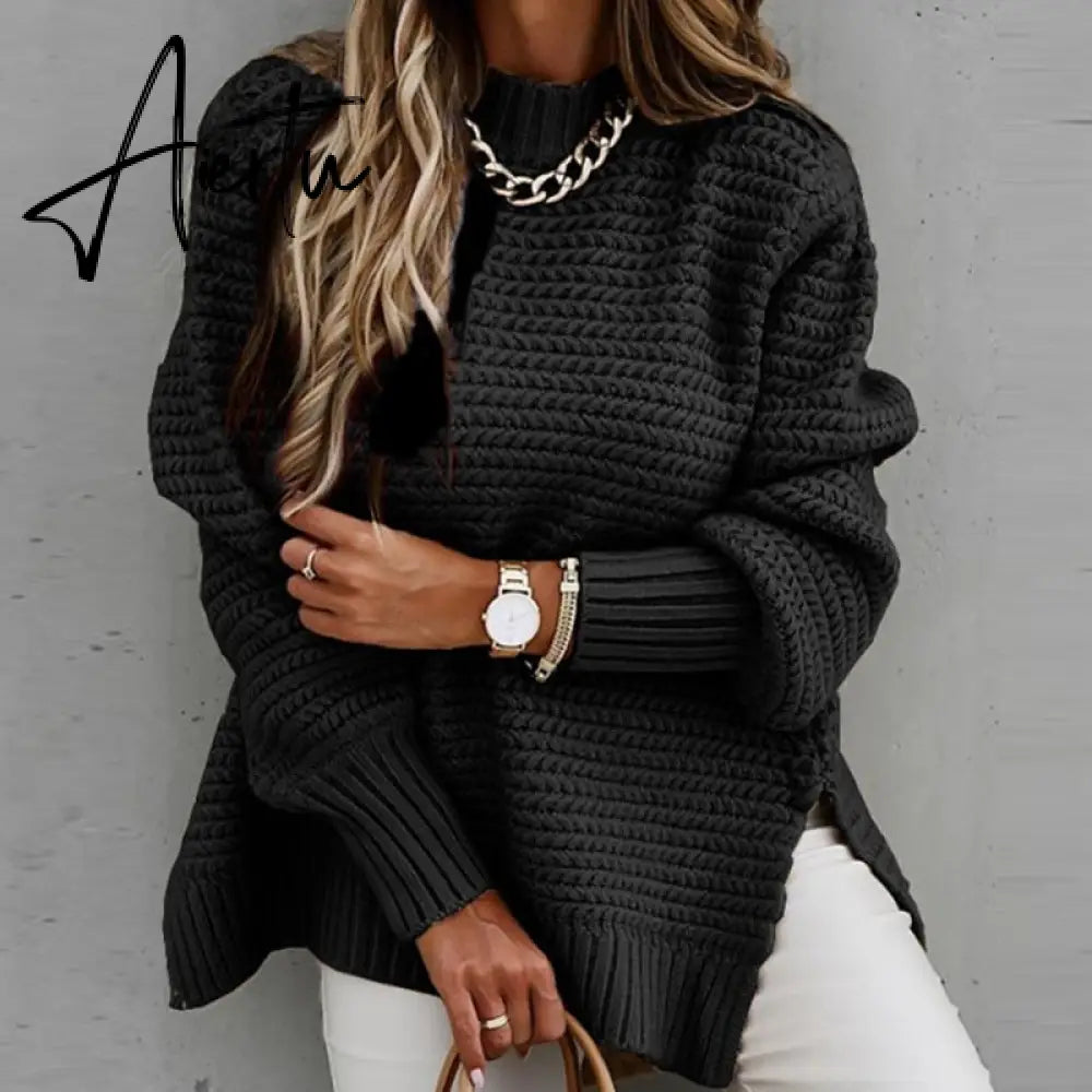 Women Sweaters Autumn Winter Mock Neck Batwing Sleeve Coarse Kint Pullovers Tops Female Casual O-Neck Side Split Long Sweater Aiertu