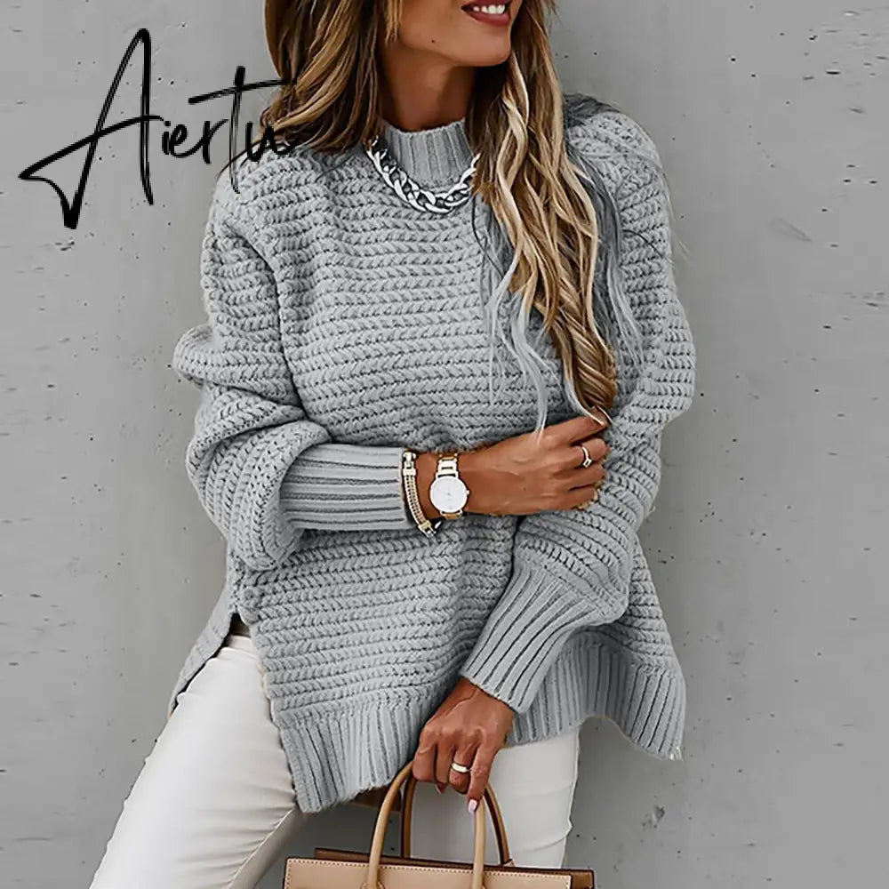 Women Sweaters Autumn Winter Mock Neck Batwing Sleeve Coarse Kint Pullovers Tops Female Casual O-Neck Side Split Long Sweater Aiertu