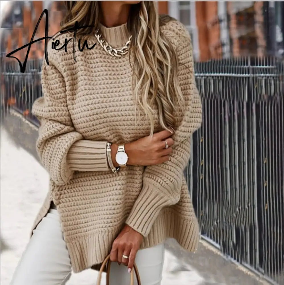 Women Sweaters Autumn Winter Mock Neck Batwing Sleeve Coarse Kint Pullovers Tops Female Casual O-Neck Side Split Long Sweater Aiertu