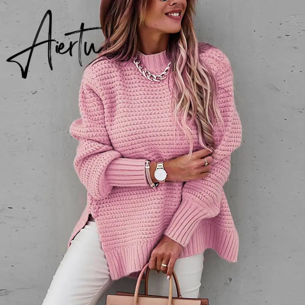 Women Sweaters Autumn Winter Mock Neck Batwing Sleeve Coarse Kint Pullovers Tops Female Casual O-Neck Side Split Long Sweater Aiertu