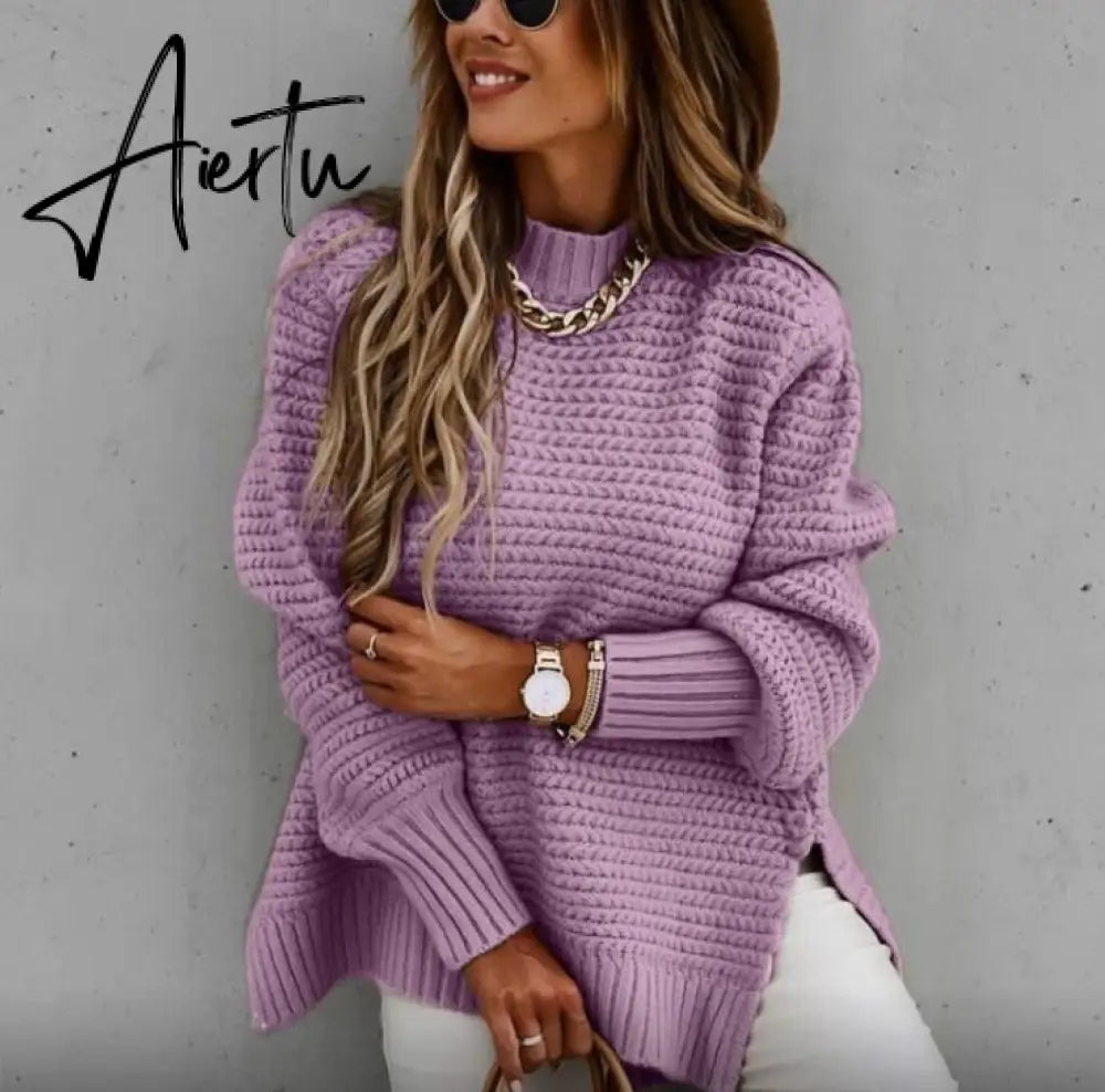 Women Sweaters Autumn Winter Mock Neck Batwing Sleeve Coarse Kint Pullovers Tops Female Casual O-Neck Side Split Long Sweater Aiertu