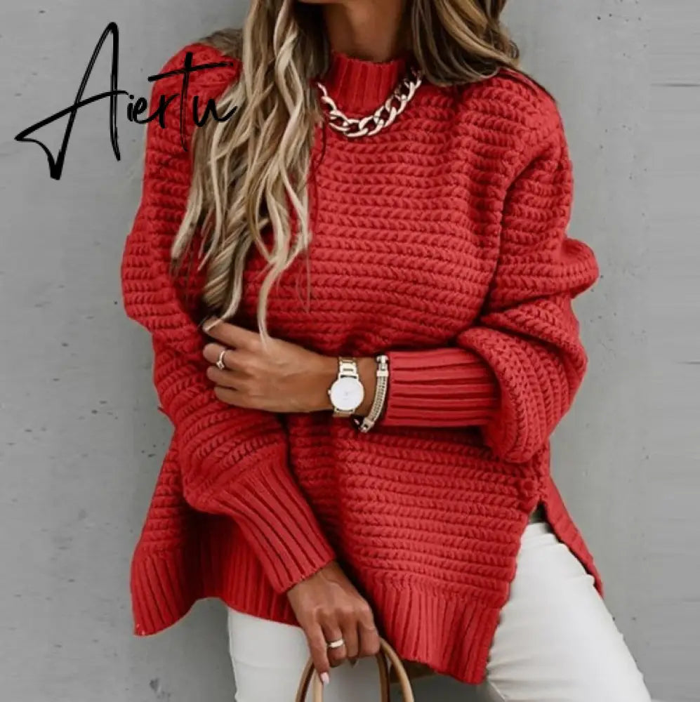 Women Sweaters Autumn Winter Mock Neck Batwing Sleeve Coarse Kint Pullovers Tops Female Casual O-Neck Side Split Long Sweater Aiertu