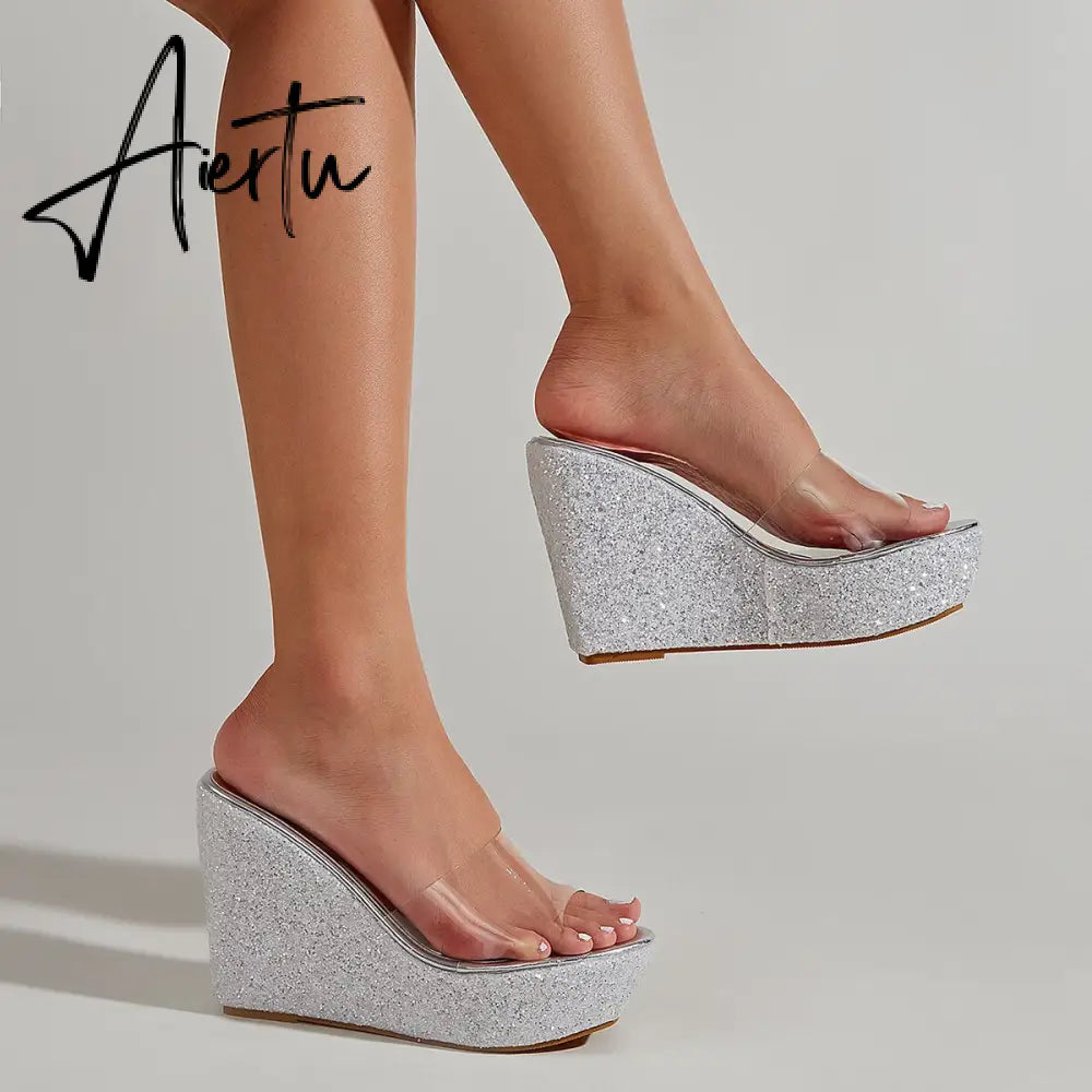 Women Transparent Clear Crystal Sequins Platform Wedge Thick Sole Sandals High Heels Mules Slides Summer Beach Shoes Aiertu