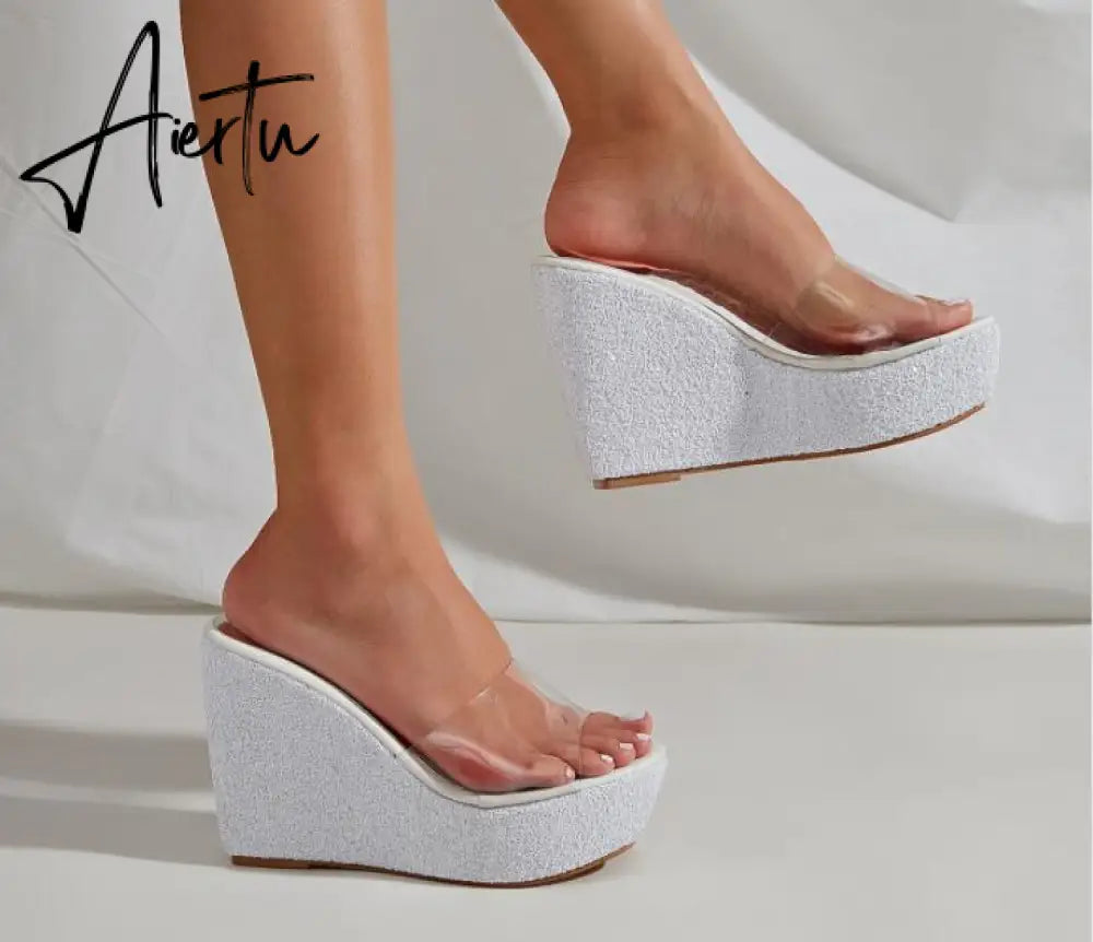 Women Transparent Clear Crystal Sequins Platform Wedge Thick Sole Sandals High Heels Mules Slides Summer Beach Shoes Aiertu