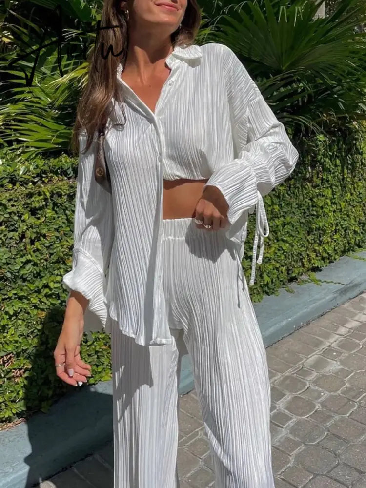 Women Two-piece Pleated Pants Suits Casual Chic Solid Color Long Sleeve Button down Shirts and Straight Leg Trousers Set Aiertu