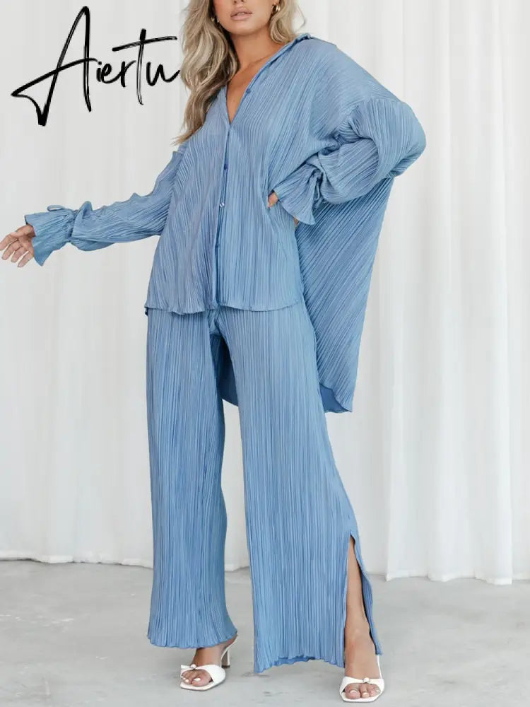 Women Two-piece Pleated Pants Suits Casual Chic Solid Color Long Sleeve Button down Shirts and Straight Leg Trousers Set Aiertu