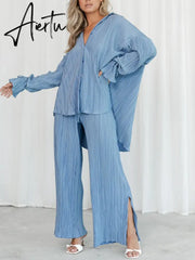 Women Two-piece Pleated Pants Suits Casual Chic Solid Color Long Sleeve Button down Shirts and Straight Leg Trousers Set Aiertu