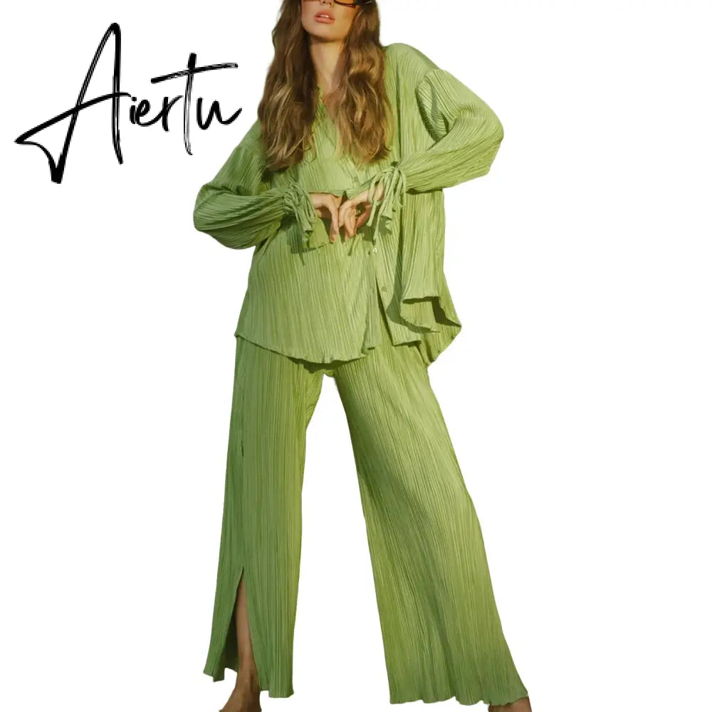 Women Two-piece Pleated Pants Suits Casual Chic Solid Color Long Sleeve Button down Shirts and Straight Leg Trousers Set Aiertu