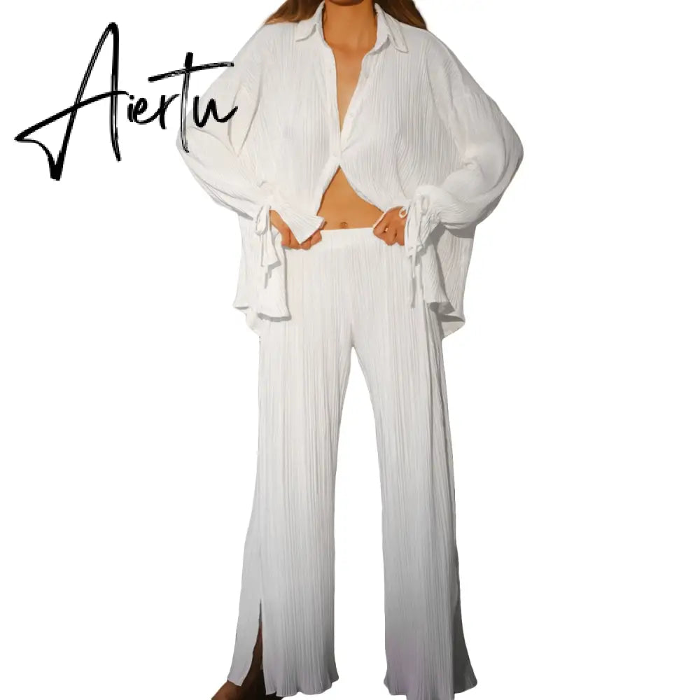 Women Two-piece Pleated Pants Suits Casual Chic Solid Color Long Sleeve Button down Shirts and Straight Leg Trousers Set Aiertu
