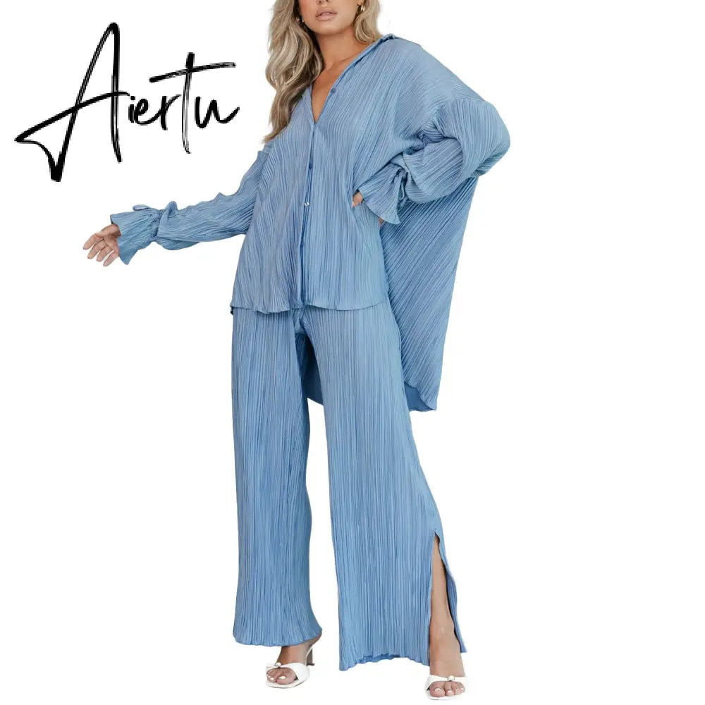 Women Two-piece Pleated Pants Suits Casual Chic Solid Color Long Sleeve Button down Shirts and Straight Leg Trousers Set Aiertu