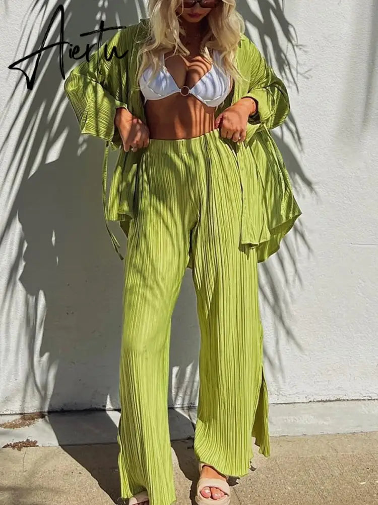 Women Two-piece Pleated Pants Suits Casual Chic Solid Color Long Sleeve Button down Shirts and Straight Leg Trousers Set Aiertu