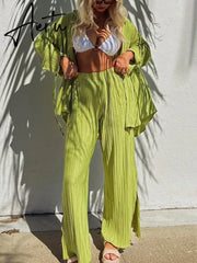 Women Two-piece Pleated Pants Suits Casual Chic Solid Color Long Sleeve Button down Shirts and Straight Leg Trousers Set Aiertu