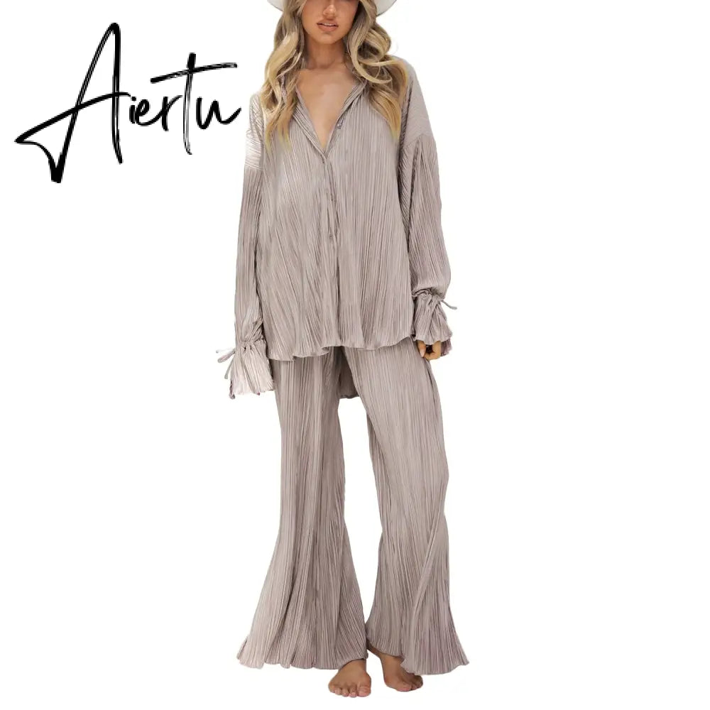 Women Two-piece Pleated Pants Suits Casual Chic Solid Color Long Sleeve Button down Shirts and Straight Leg Trousers Set Aiertu