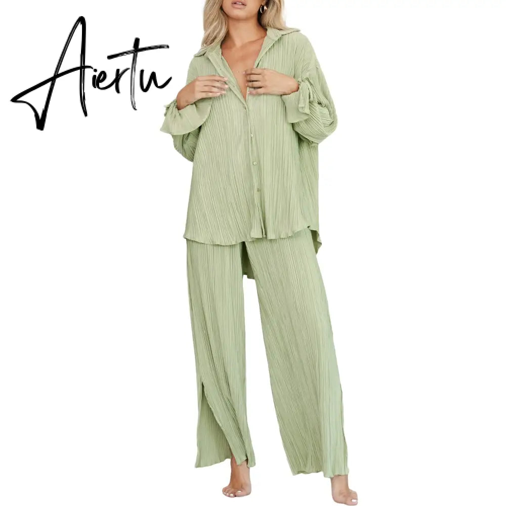 Women Two-piece Pleated Pants Suits Casual Chic Solid Color Long Sleeve Button down Shirts and Straight Leg Trousers Set Aiertu