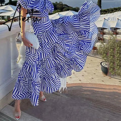 Women Two Piece Set Summer Casual Chic Short Sleeve Off Shoulder Nipped Waist Top Striped Printed Loose Skirt Sets Aiertu