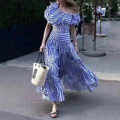 Women Two Piece Set Summer Casual Chic Short Sleeve Off Shoulder Nipped Waist Top Striped Printed Loose Skirt Sets Aiertu