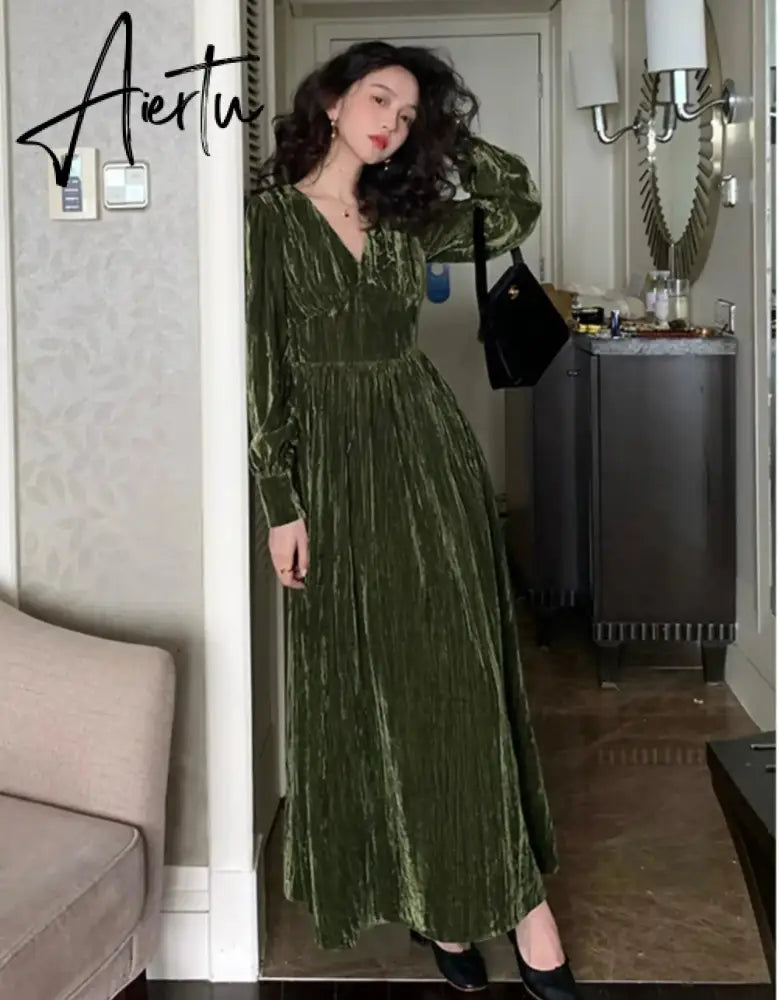 Women Vintage V Neck Velvet Dresses French Style Elegant Slim Waist Party Prom Robe Autumn Winter Long Sleeve One Piece Vestidos Aiertu