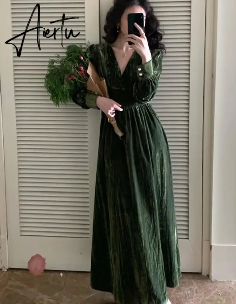 Women Vintage V Neck Velvet Dresses French Style Elegant Slim Waist Party Prom Robe Autumn Winter Long Sleeve One Piece Vestidos Aiertu