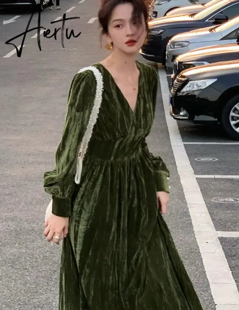 Women Vintage V Neck Velvet Dresses French Style Elegant Slim Waist Party Prom Robe Autumn Winter Long Sleeve One Piece Vestidos Aiertu