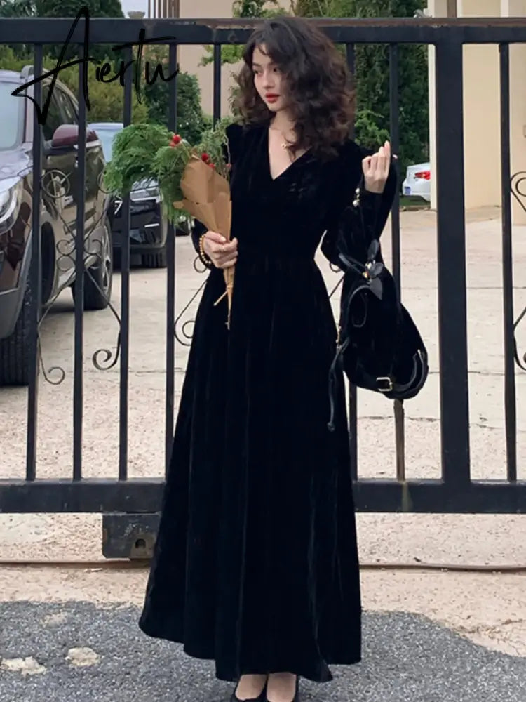 Women Vintage V Neck Velvet Dresses French Style Elegant Slim Waist Party Prom Robe Autumn Winter Long Sleeve One Piece Vestidos Aiertu