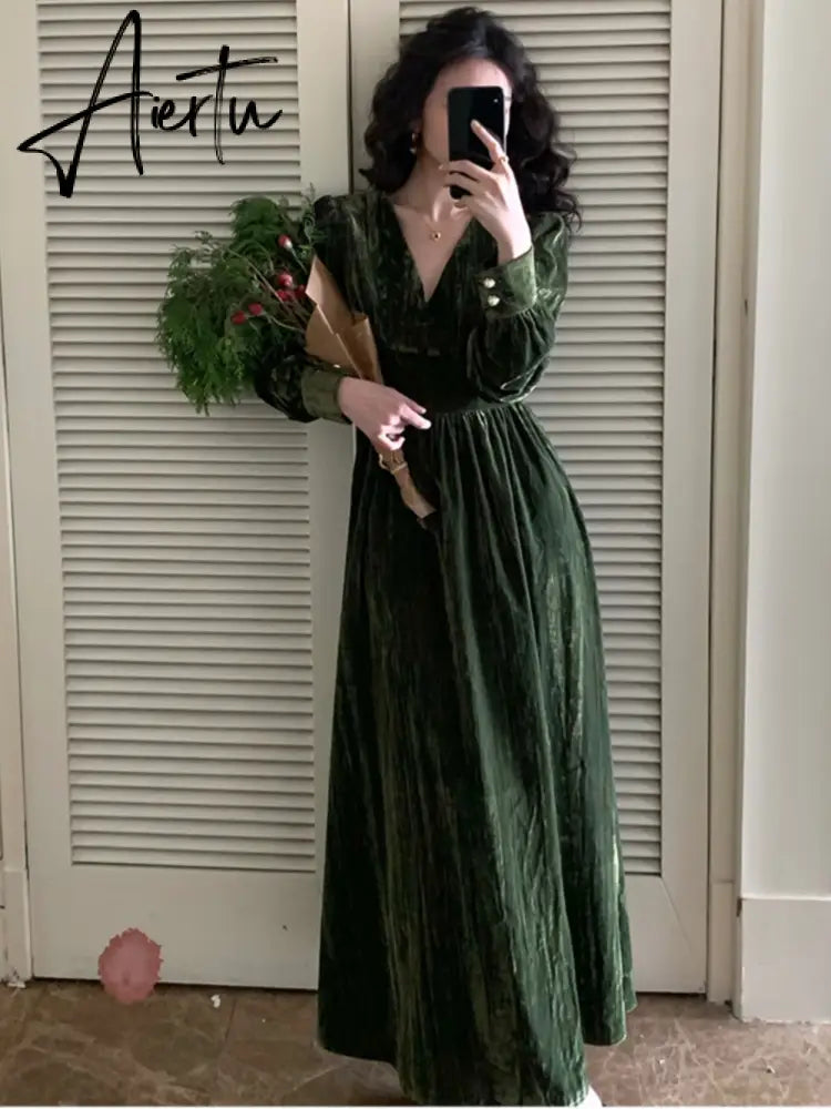 Women Vintage V Neck Velvet Dresses French Style Elegant Slim Waist Party Prom Robe Autumn Winter Long Sleeve One Piece Vestidos Aiertu