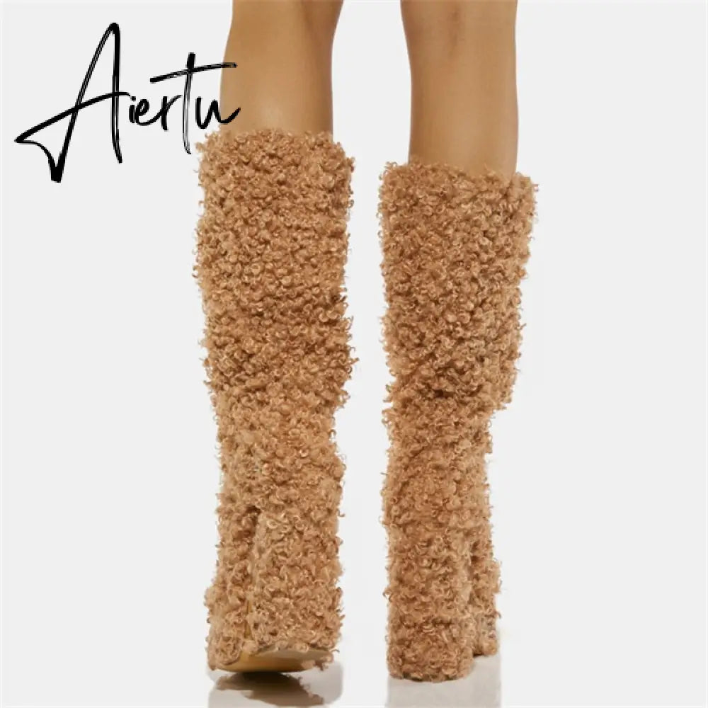 Women Warm Fur Boots Winter Plush Faux Fur Snow Boots Fashion New Soft Curly Plush Platform Shoes Thick High-Heeled Round Toe Aiertu