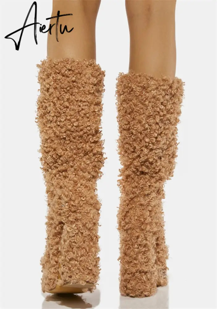 Women Warm Fur Boots Winter Plush Faux Fur Snow Boots Fashion New Soft Curly Plush Platform Shoes Thick High-Heeled Round Toe Aiertu