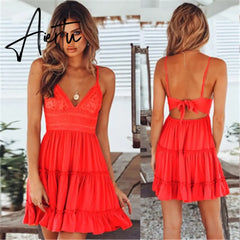 Women White Lace Halter Sexy Dress Summer Sleeveless Boho Mini Strappy Dresses Female Beach V Neck Solid Color Party Sundress Aiertu